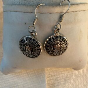 Intricate Mayan Black and Sterling Silver Round Dangle Earrings